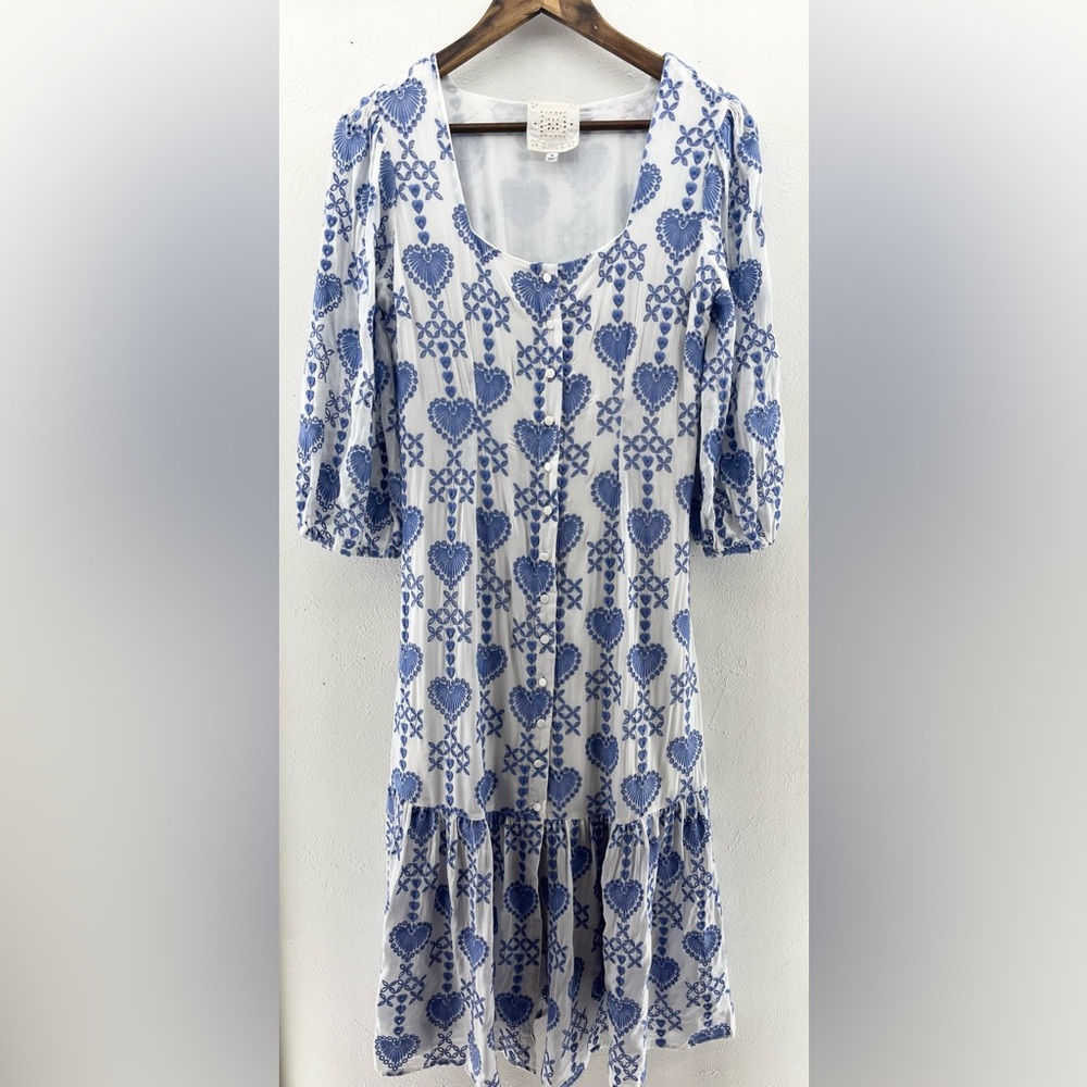XS Johnny Was Jade Beau Eyelet Button-Down Tiered Midi Dress Boho Chic - Picture 2 of 8